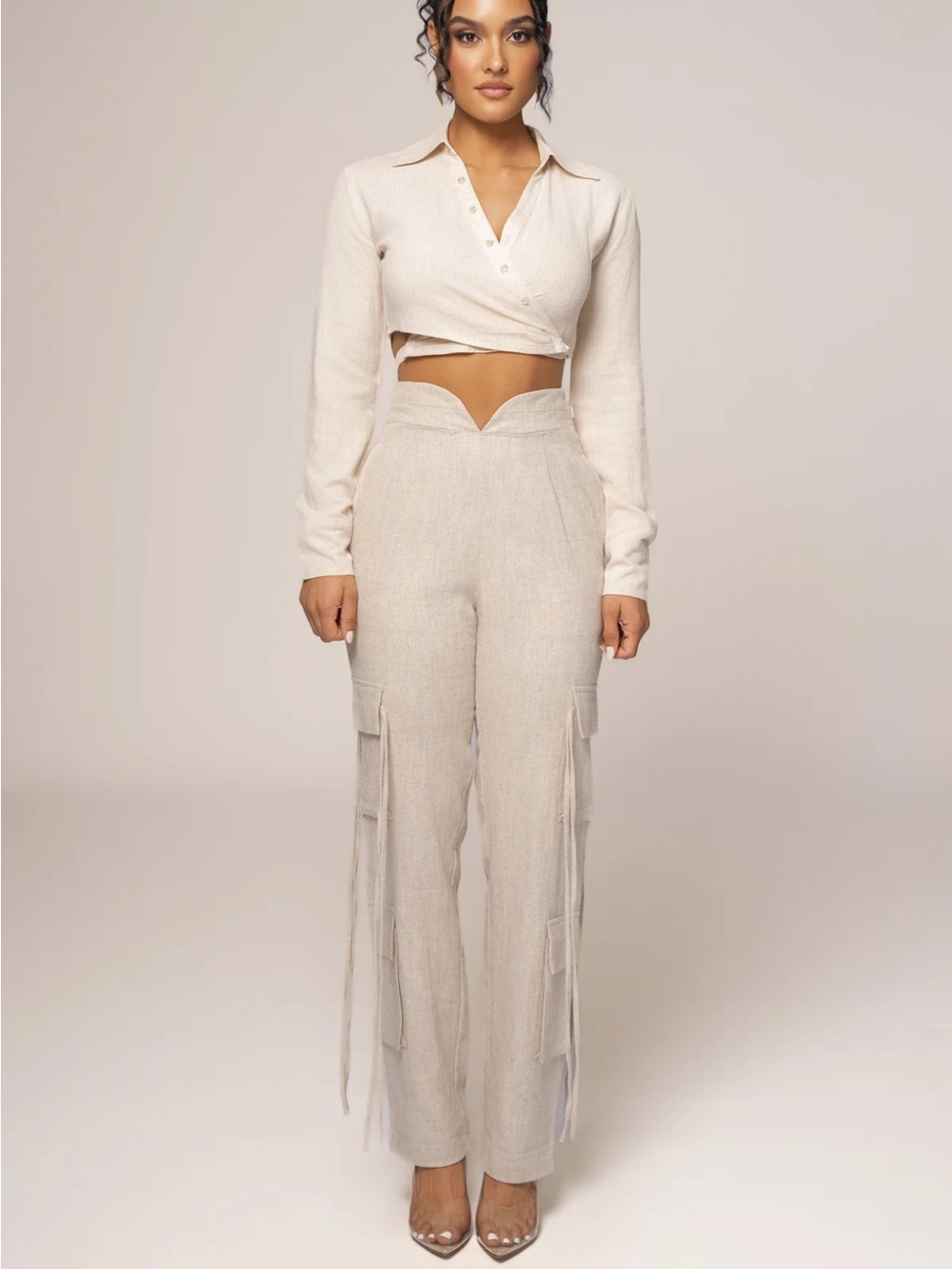 JLUXLABEL Neutral High-Rise Straight Leg Cargo Pants in Light Cream